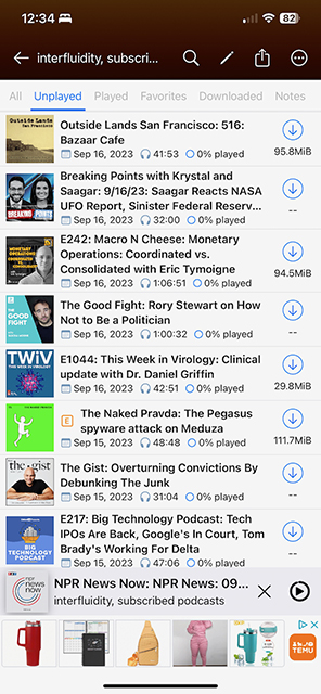 screenshot of final merged RSS feed in a podcast app.