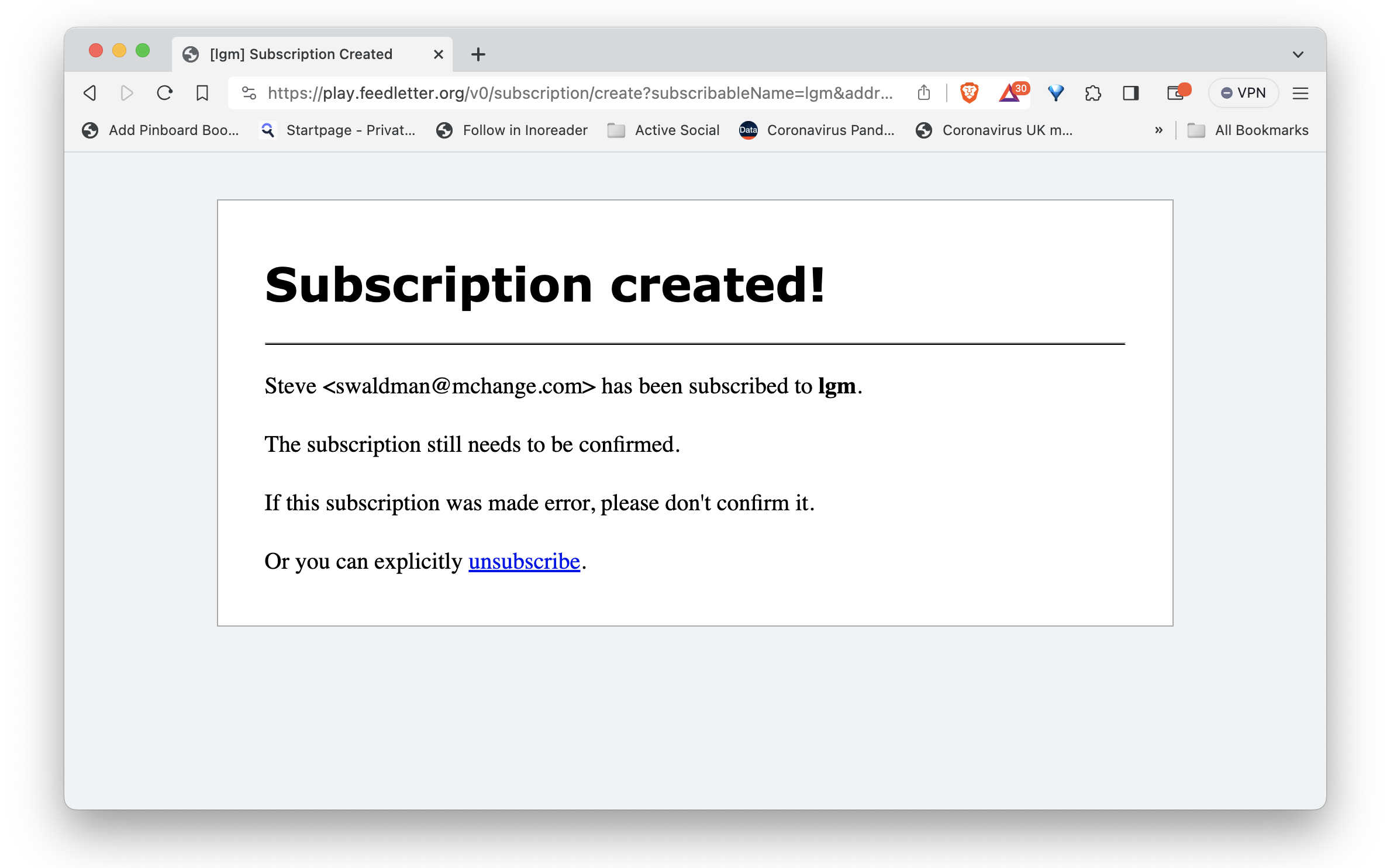 Screenshot of 'Subscription Created' page